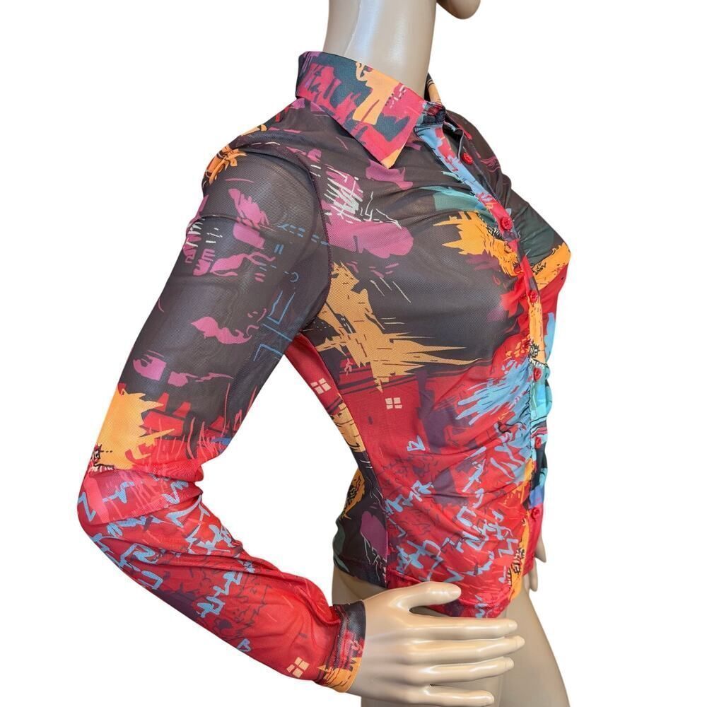 Abstract Y2K Art to Wear Colorful Vibrant Artsy Ruched Button Up Blouse Women XS - Picture 5 of 11